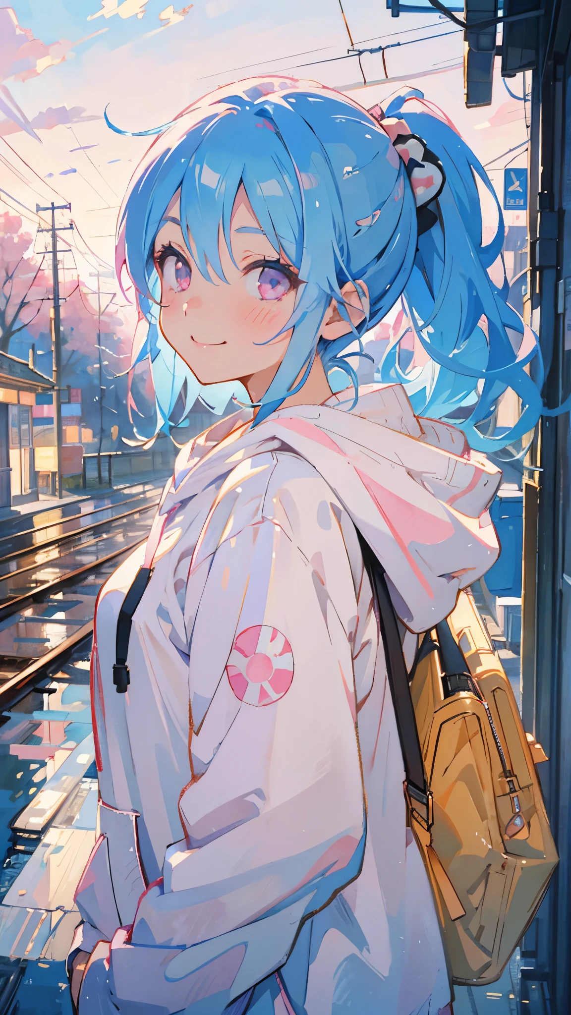 1 Girl、Anime style painting、Light blue hair、Pink Eyes、smile、blush、Small breasts、From the side、A lot of acorns、smile、Upper body close-up、From the side、Wearing a white hoodie、Railway station background