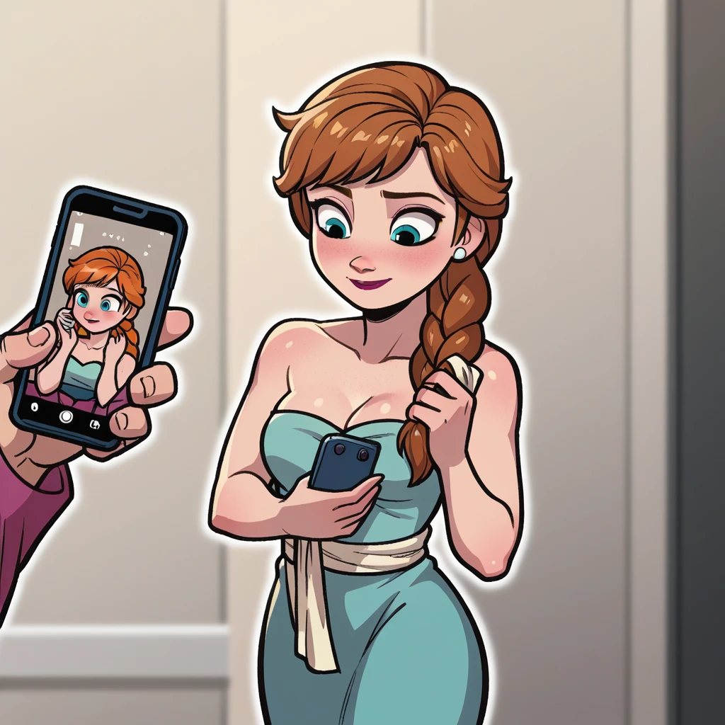 score_9_presence, score_8_up, anna, frozen, wrapped in towel, medium breasts, holding phone