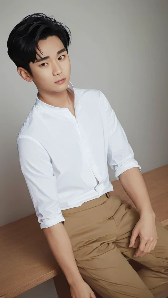 Asian guy, 25 years old, black hair, long-sleeved white shirt, pants, sitting at the desk, looking at the camera.