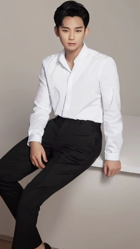 Asian guy, 25 years old, black hair, long-sleeved white shirt, pants, sitting at the desk, looking at the camera.