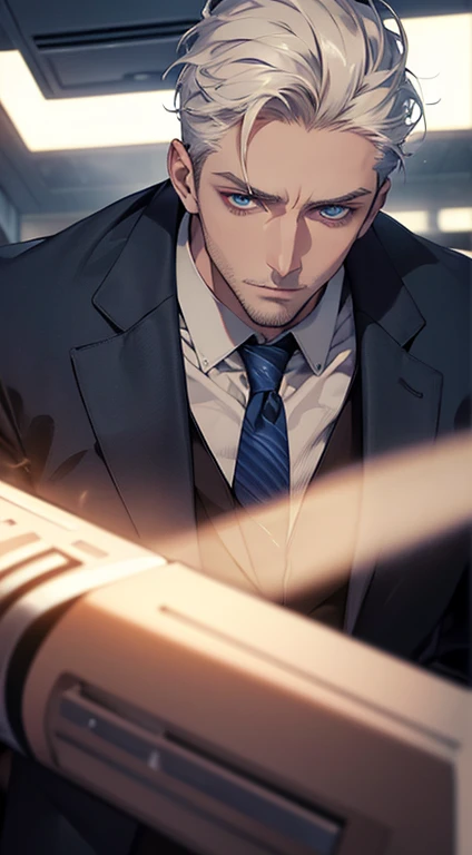 (best quality, masterpiece, 8K, photorealistic, cinematic lighting, hdr image, ultra detailed, beautiful image), 1 man, 31 years old, mature man, very handsome, (without expression, serious), short white hair, blue eyes ( penetrating gaze), perfect face without errors, imposing posture, without errors, businessman, office background