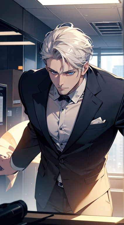 (best quality, masterpiece, 8K, photorealistic, cinematic lighting, hdr image, ultra detailed, beautiful image), 1 man, 31 years old, mature man, very handsome, (without expression, serious), short white hair, blue eyes ( penetrating gaze), perfect face without errors, imposing posture, without errors, businessman, office background