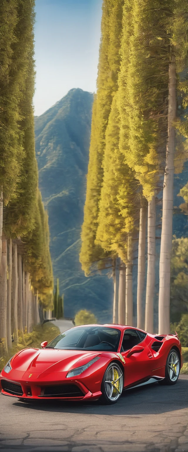 A mesmerizing cinematic masterpiece、Ferrari 488 GTB is full of intricate details and realism.、Embodying the essence of refined yet powerful luxury.。沐浴exist阳光普照的意大利别墅的金色光芒中、Green mountain cypress々exist、car'The iconic red body shines。Carefully crafted aluminum alloy、The iconic prancing horse logo is the highlight.、它代表了这款令人难以置信的car的丰富传统和性能.。This hyper-realistic and highly detailed expression、是对car标志的纯粹美丽和优雅的华丽赞颂。