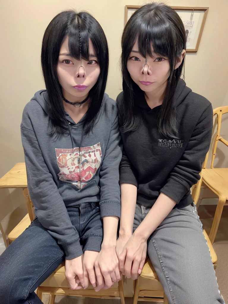 nsfw,(Highest quality:1.2),32k HDR,High resolution,(18-year-old female),((Glaring at the camera)),(Japanese women),(Tabletop:1.2, Highest quality:1.2),Japanese women,Flat bangs,Medium chest, Crouching posture,Squat with your feet apart,Show off your crotch,Beautiful Eyes,Detailed face,High quality eyes,Keep your eyes clearly focused,Nose and mouth,Face Focus,Super Face close-up gentle and charming Chinese beautiful woman, Delicate and sexy collarbone,Small Nose, Focus on the face, Face close-up, 超High resolution, Very detailed, Full body photo, Ultra-thin and transparent,hoodie,Fresh and delicious, And see through,Cinema Lighting,Straight long hair,Shaggy,Ahegao,Black Hair,Japanese women,Goth Punk Haircut, Flat bangs,18-year-old ,ponytail,Ripped jeans,Embarrassed face,shame,Blushing, ((ロゴ入りのダボダボなhoodie, Distressed denim pants, Low-rise buggy pants, Leather Collar)), ((Two Women)),((対象的なTwo Women)),((Sit on a chair)),((Black Hairと金髪のショート)),((Collar with leash)),