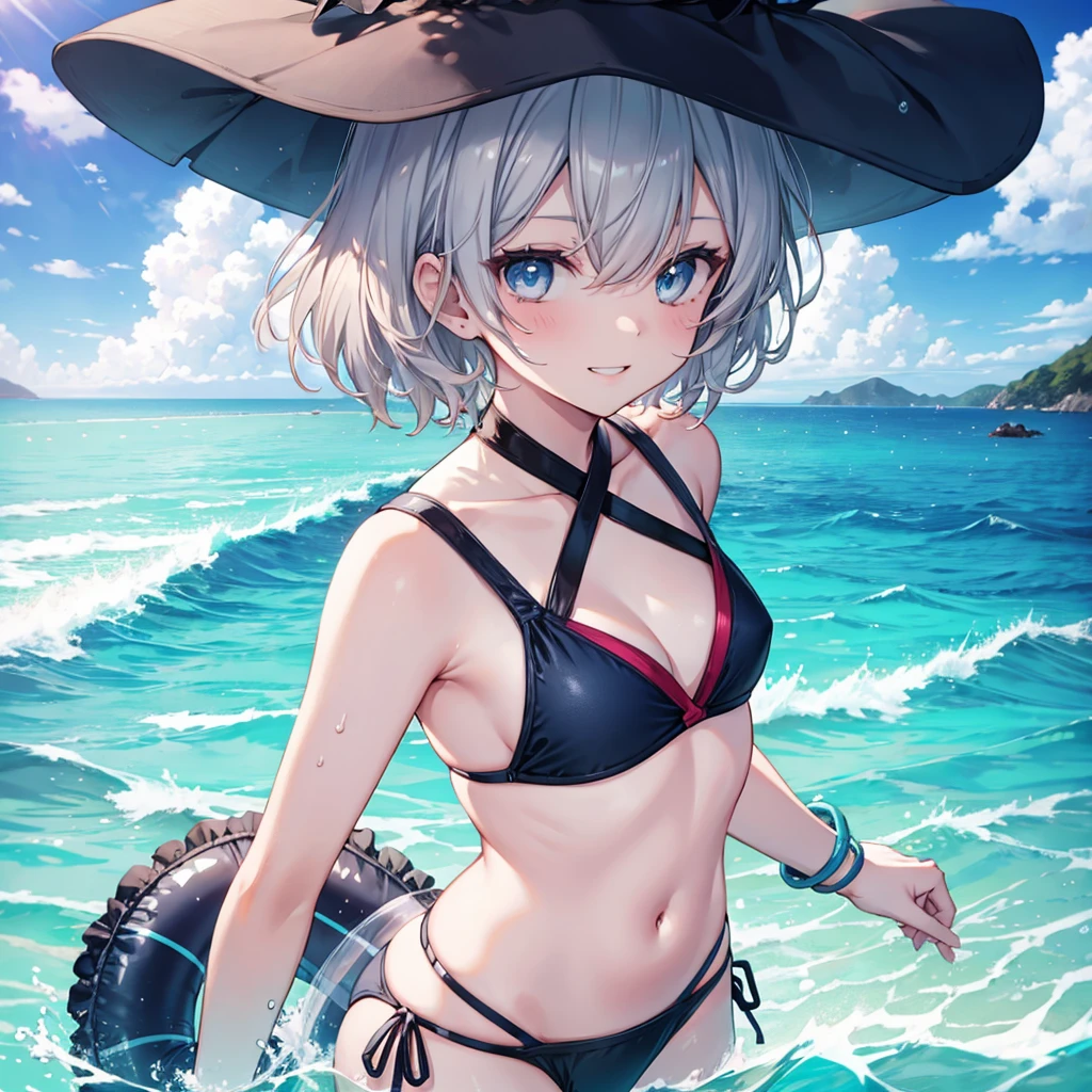 ((((Fluttering swimsuit　Ocean))))　(((Gray Hair　short hair　blue eyes　woman)))，((Splash　sun　cloud))，(Wearing a hat　black　smile)，　Showing teeth　Shining Background　Shining Edges