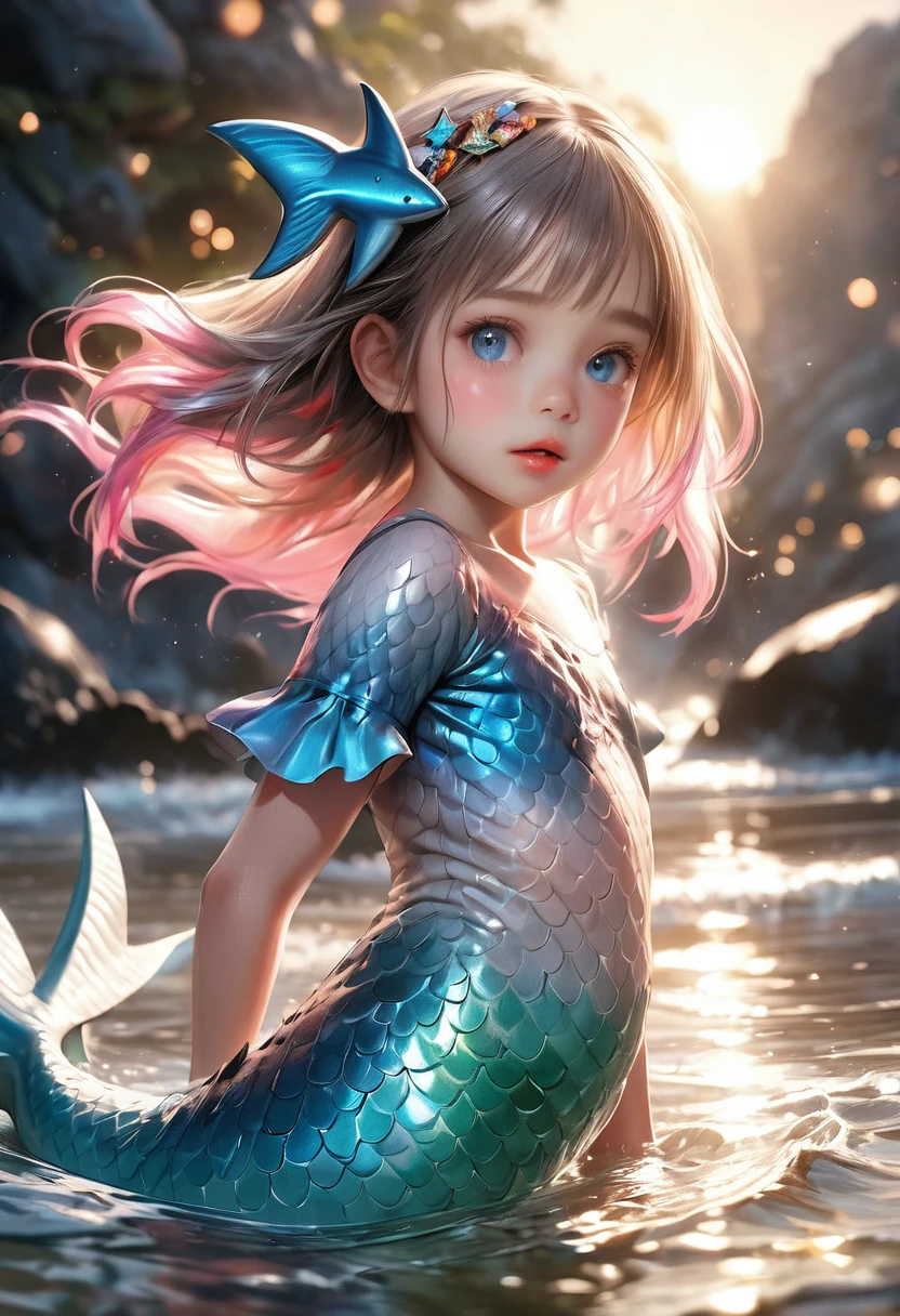 A curious young mermaid (Shark Girl), cute, pretty, playful, dangerous, detailed face, detailed eyes, detailed lips, detailed mermaid body, emerging from the sea onto the shore, full of wonder and excitement, extremely detailed, digital art, realistic, cinematic lighting, vibrant colors, dynamic composition, 8k, highres, photorealistic, masterpiece, ultra-realistic, photorealistic:1.37, HDR, UHD, studio lighting, ultra-fine painting, sharp focus, physically-based rendering, extreme detail description, professional, vivid colors, bokeh