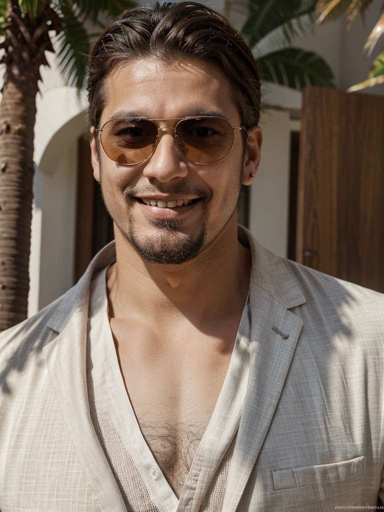 thin white man, latino, brazileiro, thirty years old, with brown hair above and below the ears, with a goatee, eyes browns, with sunglasses, Profile, Grinning, dress with suit.