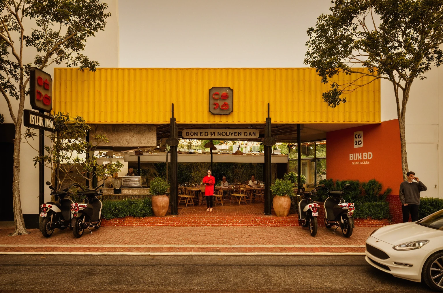 chef-d&#39;œuvre, meilleure qualité, design extérieur, maison moderne unique de 1 étage dans le village du Vietnam, jardin de fleurs, façade moderne en granit carrelé foncé et murs blancs, plafond en bois, grand verre, style moderne minimaliste, arbustes verts et fond d&#39;arbres tropicaux, Lumière naturelle, fond de ciel clair matin, grande porte et fenêtres,