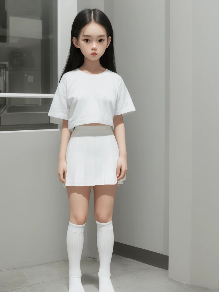 A woman wearing white knee-high socks、White T-shirt、White mini skirt、Japanese、Standing posture、The whole body is in it、Highest quality、Looking this way、