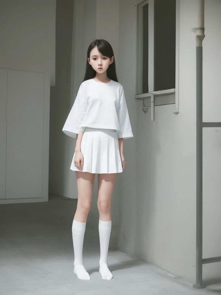 A woman wearing white knee-high socks、White T-shirt、White mini skirt、Japanese、Standing posture、The whole body is in it、Highest quality、Looking this way、15 years old