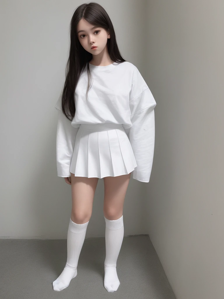 A woman wearing white knee-high socks、White T-shirt、White mini skirt、Japanese、Standing posture、The whole body is in it、Highest quality、Looking this way、15 years old