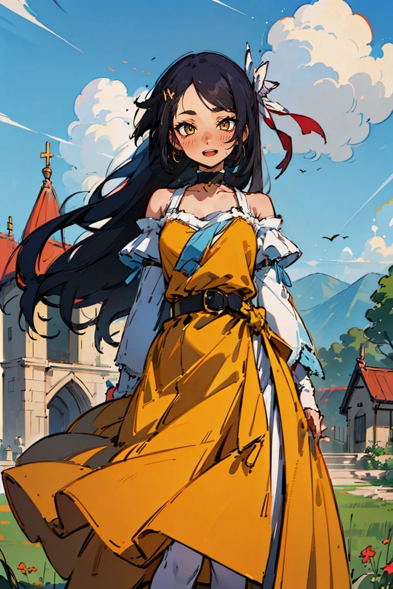 (masterpiece:1.2), (high quality:1.2), colorful, vibrant colors, up-close, drawing, girl with ((hui xiyi, rekkyo sensen, black hair, ultra-realistic hair quality, beautiful long hair, shiny hair, detailed hairs, hair ribbon, one side up, no sleeves, sleeveless, open shoulders, cinderella, panniers and cinderella, cinderella dresses, lace dress, long-one-piece dress, white stockings, stockings, chest exposure, lace underwear, metamorphosis is exposed, belt, choker, black choker, skirt in dress, panniers in dresses)), background with((castle, ireland, meadow, grass, old house, log cabin, fort, sky, blue sky, beautiful sky))