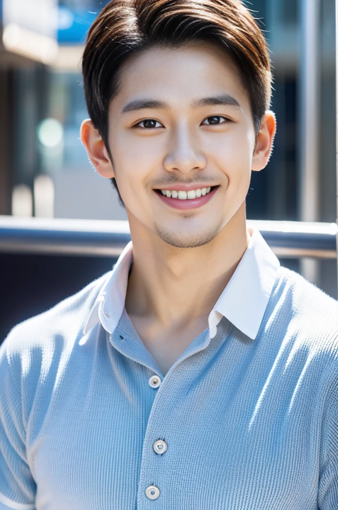high resolution,４K,Charm、Realistic、sense of cleanliness、refreshing、Japanese、Vibrant urban background、The charming smile of a cool man in his 20s。Define your face from the shoulders up。With confidence and flexibility、It has an eye-catching appeal。