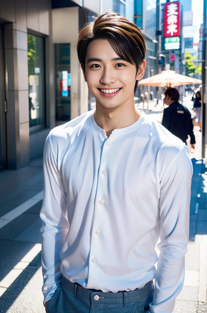 high resolution,４K,Charm、Realistic、sense of cleanliness、refreshing、Japanese、Vibrant urban background、The charming smile of a cool man in his 20s。Define your face from the shoulders up。With confidence and flexibility、It has an eye-catching appeal。