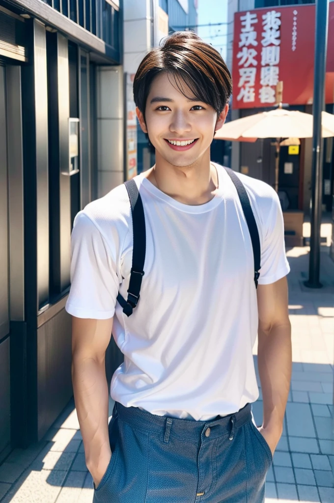 high resolution,4K,Charm、Realistic、sense of cleanliness、refreshing、Japanese、Vibrant urban background、The charming smile of a cool man in his 20s。Define your face from the shoulders up。With confidence and flexibility、It has an eye-catching appeal。