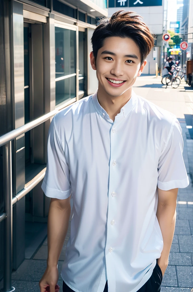 high resolution,４K,Charm、Realistic、sense of cleanliness、refreshing、Japanese、Vibrant urban background、The charming smile of a cool man in his 20s。Define your face from the shoulders up。With confidence and flexibility、It has an eye-catching appeal。