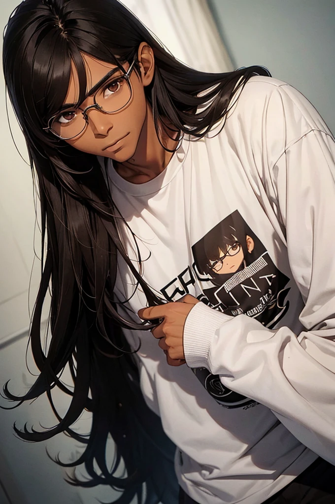 1 MALE WITH PERFECTLY ROUND GLASSES, LIFGT BROWN SKIN TONE, SKINNY BODY, SOUTH ASIAN, BLACK HAIR, LONG HAIR, WOLFCUT HAIR, BANGS, HAIR DOWN, HAIR COVERING FOREHEAD, BLACK SHIRT, GAMER, LONG SLEEVE