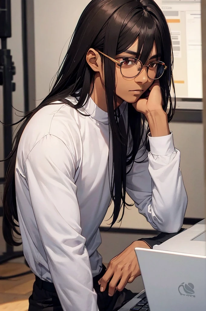 1 MALE WITH PERFECTLY ROUND GLASSES, LIFGT BROWN SKIN TONE, SKINNY BODY, SOUTH ASIAN, BLACK HAIR, LONG HAIR, WOLFCUT HAIR, BANGS, HAIR DOWN, HAIR COVERING FOREHEAD, BLACK SHIRT, GAMER, LONG SLEEVE
