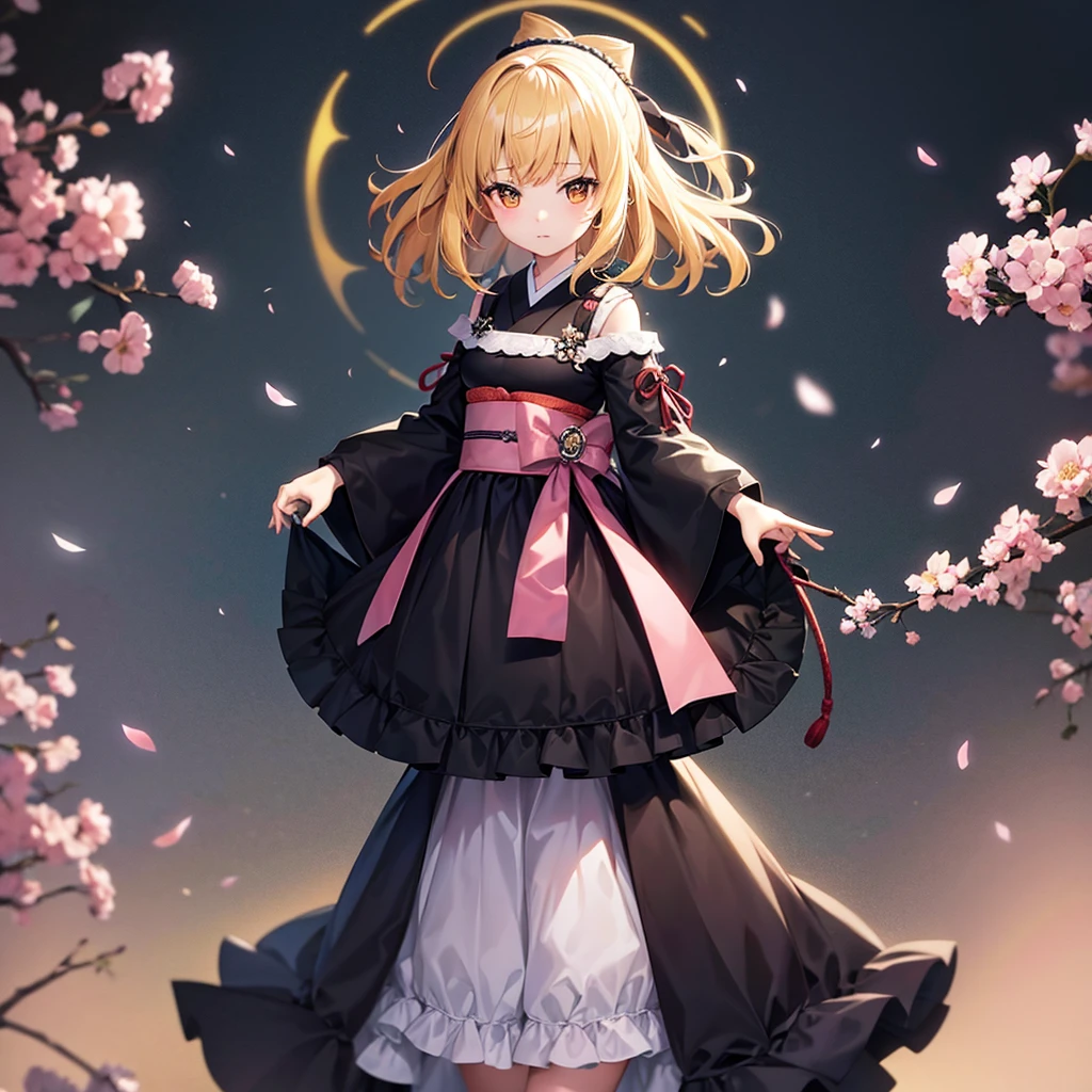 ((Japanese style)),((ta Fashion)),Cute little ,Tiny ,Small girl,,Childish face, Very fine clean face,Top quality,Straight Hair,Yellow hair,(Dark Room), Subtle light, Natural light,Soft lighting,Light from directly behind,(Open your hands), (Are standing),Front view,Black background