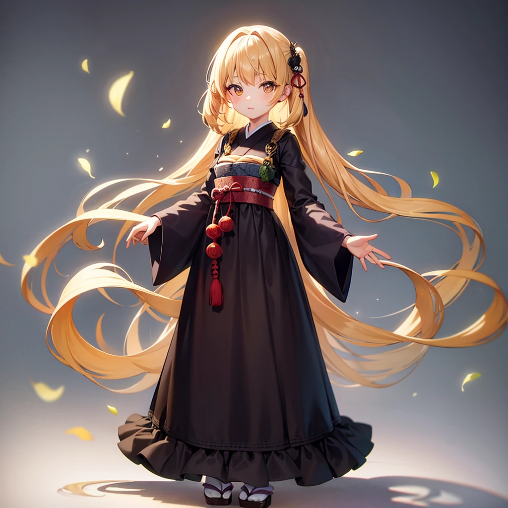 ((Japanese style)),((Lolita Fashion)),Cute little ,Tiny ,Small girl,,Childish face, Very fine clean face,Top quality,Straight Hair,Yellow hair,(Dark Room), Subtle light, Natural light,Soft lighting,Light from directly behind,(Open your hands), (Are standing),Front view,Black background

