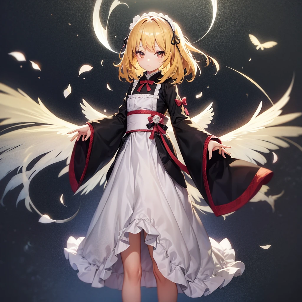 ((Japanese style)),((ta Fashion)),Cute little ,Tiny ,Small girl,,Childish face, Very fine clean face,Top quality,Straight Hair,Yellow hair,(Dark Room), Subtle light, Natural light,Soft lighting,Light from directly behind,(Open your hands), (Are standing),Front view,Black background
