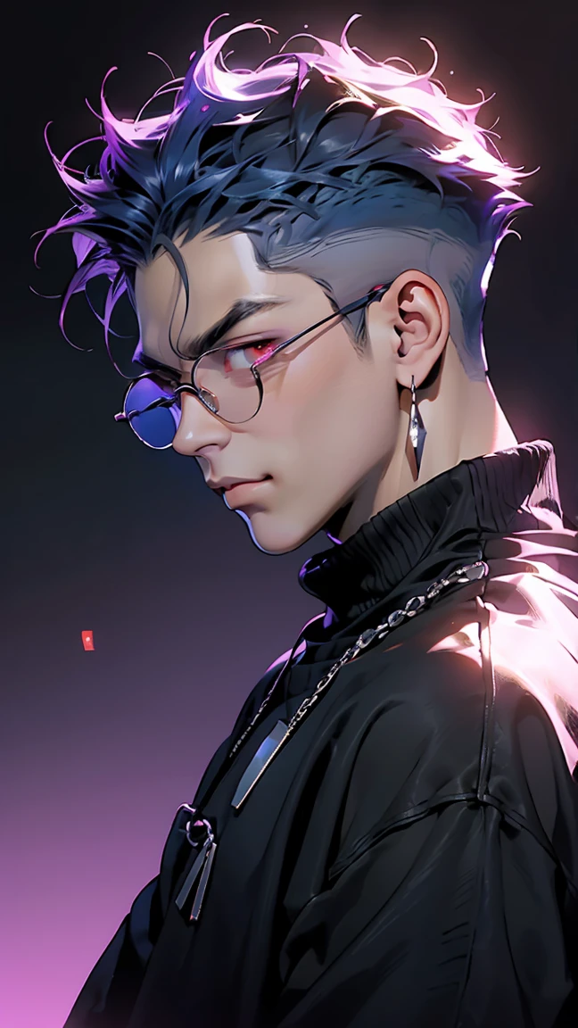 highest quality, 8K, high resolution image, anime style Jujutsu Kaisen, (Gilgamesh/Fate), detailed strokes, bored look, blurry, purple light reflecting from it, (close angle), 1 man, young, male, model, cooler Guy, multicolored background with different geometric shapes, around stickers, muscular, red eyes, dark blue hair, hairstyle, hairstyle: undercut, short hair, blue hair, puffy chest, he is wearing a cool shirt and black sweatpants, hand in pants pocket, golden link chain, glasses, background: room, recording studio,