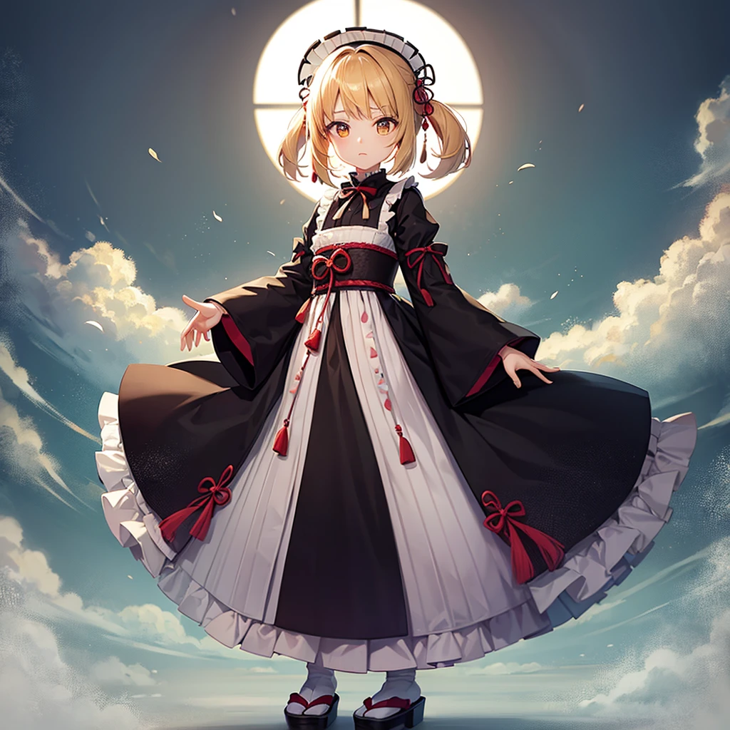 ((Japanese style)),((Lolita Fashion)),Cute little ,Tiny ,Small girl,,Childish face, Very fine clean face,Top quality,Straight Hair,Yellow hair,(Dark Room), Subtle light, Natural light,Soft lighting,Light from directly behind,(Open your hands), (Are standing),Front view,Black background