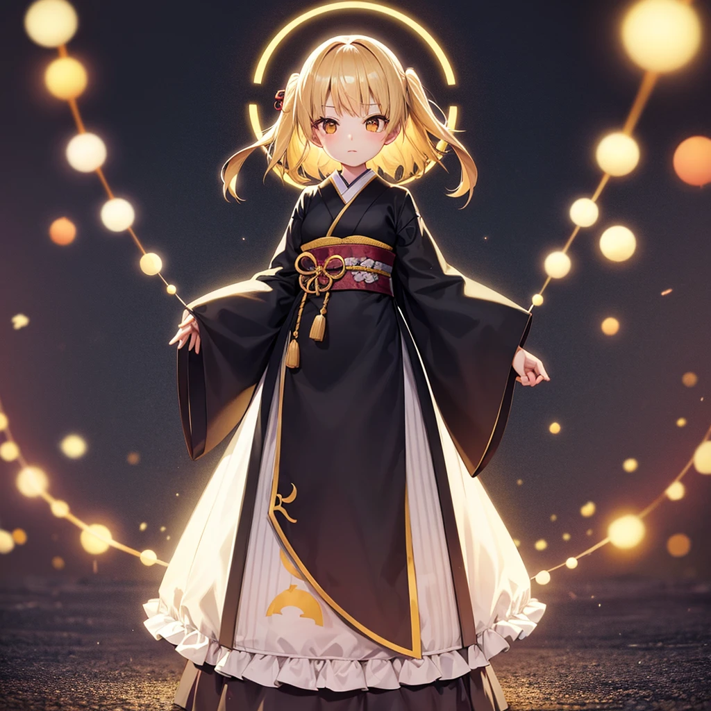 ((Japanese style)),((Lolita Fashion)),Cute little ,Tiny ,Small girl,,Childish face, Very fine clean face,Top quality,Straight Hair,Yellow hair,(Dark Room), Subtle light, Natural light,Soft lighting,Light from directly behind,(Open your hands), (Are standing),Front view,Black background
