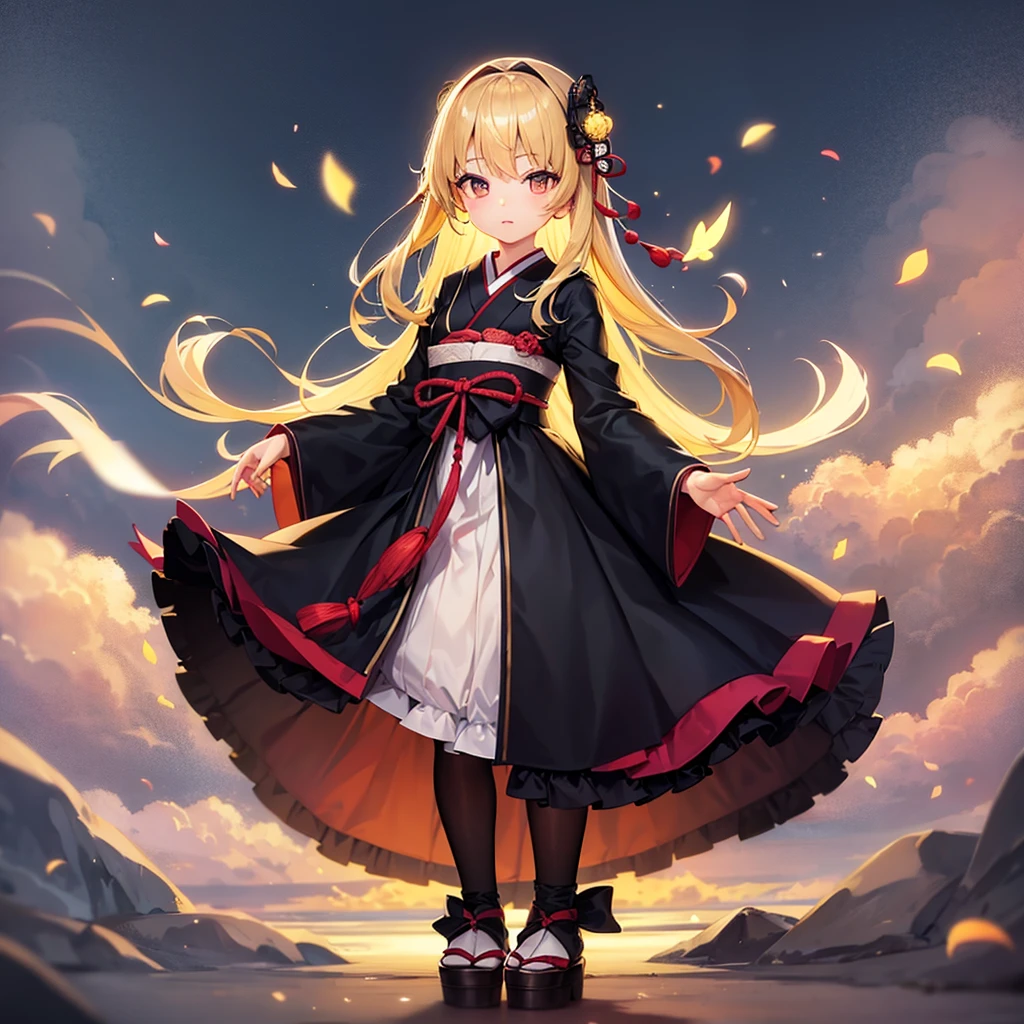 ((Japanese style)),((Lolita Fashion)),Cute little ,Tiny ,Small girl,,Childish face, Very fine clean face,Top quality,Straight Hair,Yellow hair,(Dark Room), Subtle light, Natural light,Soft lighting,Light from directly behind,(Open your hands), (Are standing),Front view,Black background