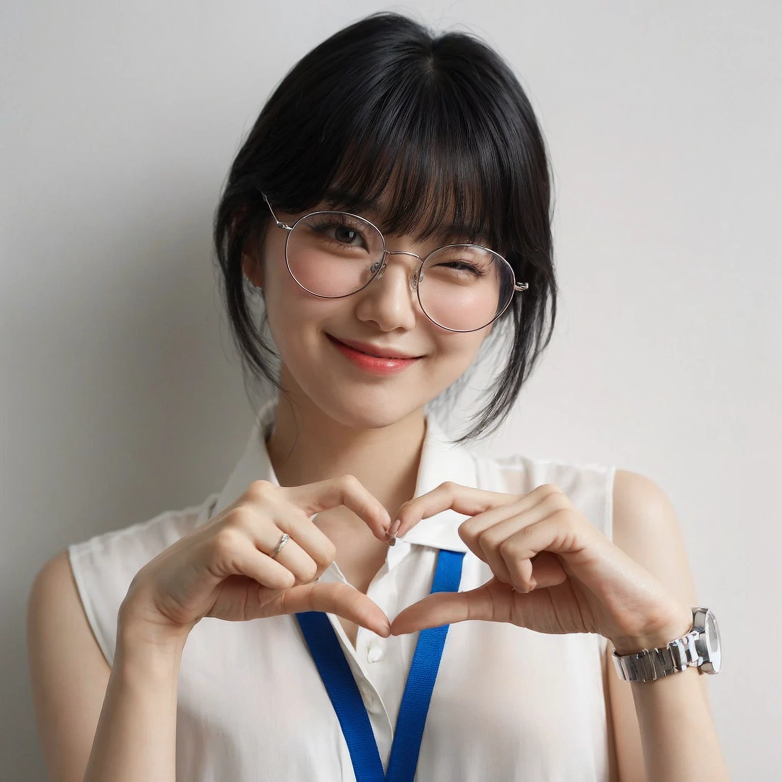 A korean female with medium black hair wearing large glasses is forming a heart shape with their hands. They are dressed in a sleeveless white blouse and have a blue lanyard around their neck. The expression is cheerful, with a smile and a wink. The background is clean and minimalistic with a white wall.