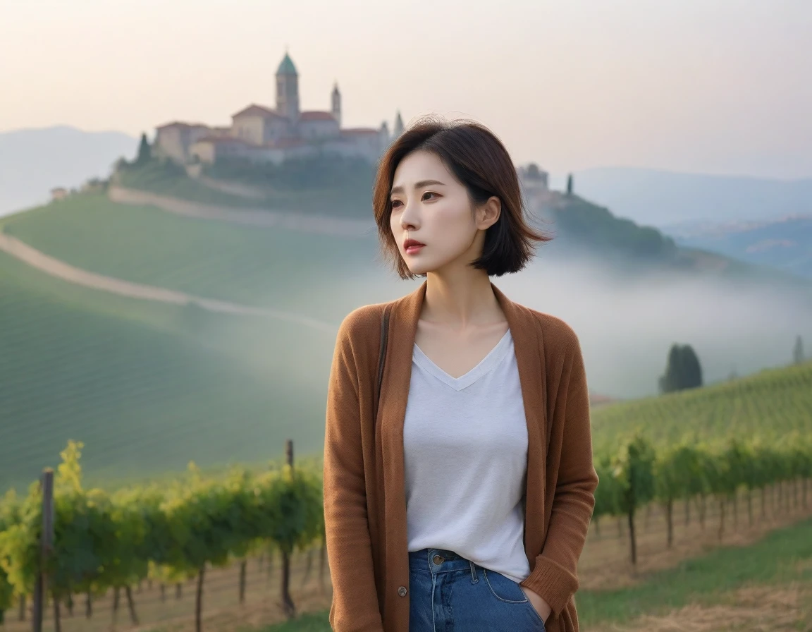 k Best picture quality, Beautiful 36-year-old Korean woman, short and good weather. Chest size 34 inches, dense fog at dawn in the italian countryside, Past the vineyards, a cathedral can be seen through the fog on a hill in the distance., Back background realistic and vivid image quality, Short and medium hair blowing in the wind, Wearing comfortable travel clothes, casual pants and a cardigan., slightly sad expression. The background is clear, Short and slim Korean woman, Standing in the distance, photographed with a wide-angle lens