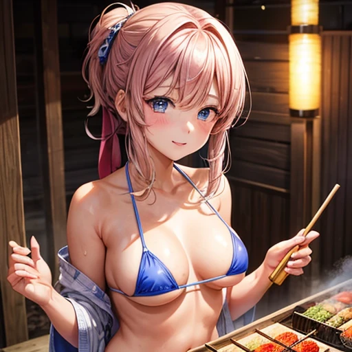 A girl in a micro bikini grilling yakitori　　