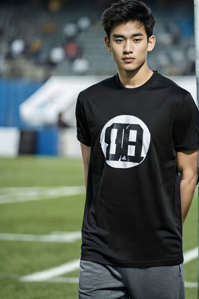 Handsome young man. Handsome young man, 20 years old.,Looking at the camera,Wearing a black Adidas t-shirt, standing on the football field.