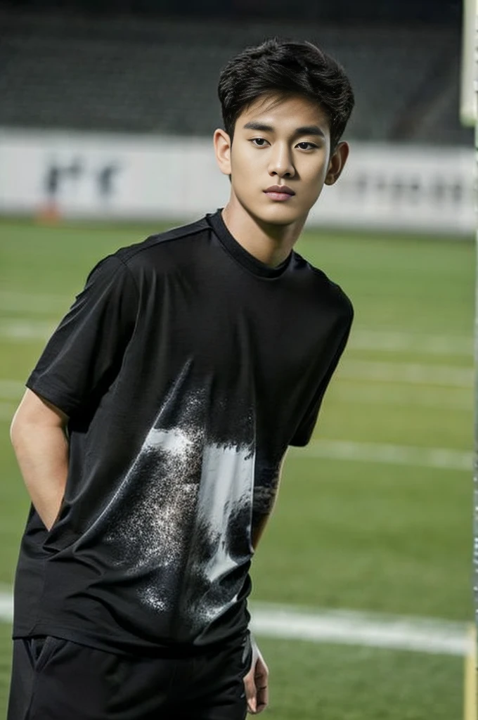 Handsome young man. Handsome young man, 20 years old.，Looking at the camera，Wearing a black Adidas t-shirt, standing on the football field.