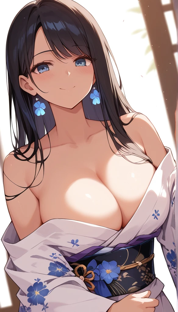 (score_9,score_8_up,score_7_up,score_6_up),masterpiece,best quality, source anime, rating_explicit, (((masterpiece))), (((best quality))), ((ultra-detailed)), ((illustration)), (1girl), (beautiful Japanese woman), (long black hair), (blue eyes), (collaful background), (wearing traditional kimono), (detailed face), (perfect anatomy), (detailed light and shadow), (serene expression), (minimalist style),(cleavage:1.1),((shy smile)), (eyeshadow:0.8), digital collaring, (Sun glare;1.2), Bokeh, Depth of written boundary, Blurred Background, Particles of light, Strong winds, glossy skin, spotlight, vivid color