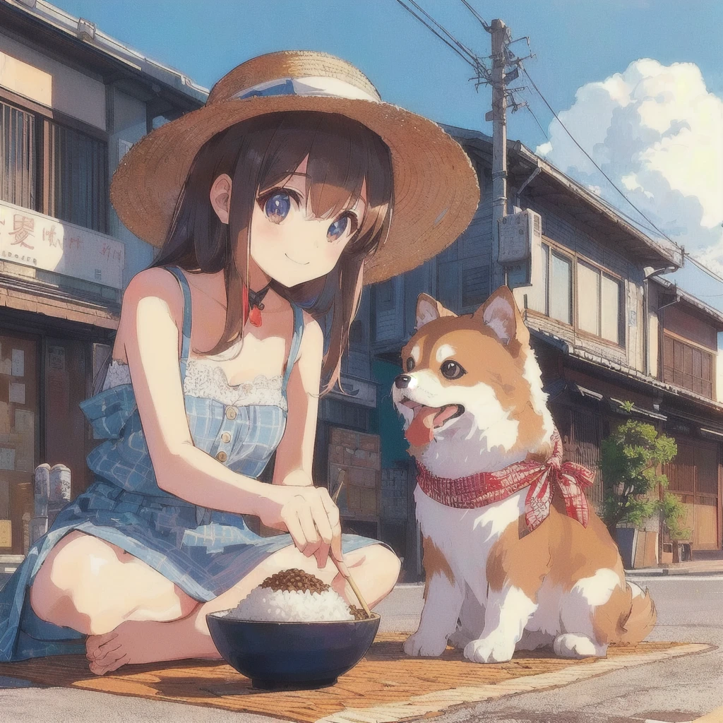 Anime girl feeding a dog on the street with rice topped with natto, smile,praise girl, praise art, praise artstyle, praise, 80s anime style 4k, summer,80's Town,Showa Town,Japanese art style, Anime-style illustrations, Cute and detailed artwork, praise vibes, Beautiful and detailed anime art, Cute art style, , Realistic Anime 3D Style, Anime-style artwork, Japanese manga style