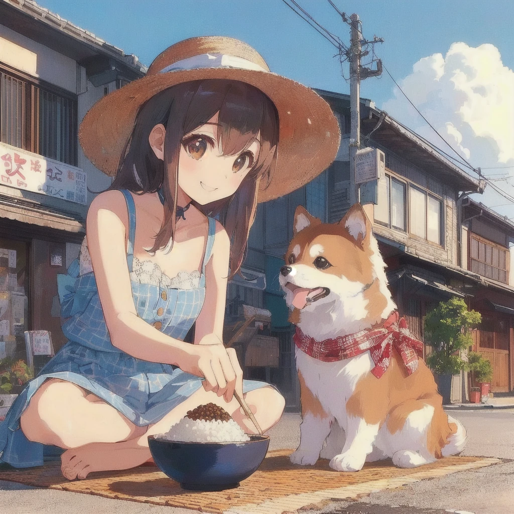 Anime girl feeding a dog on the street with rice topped with natto, smile,praise girl, praise art, praise artstyle, praise, 80s anime style 4k, summer,80's Town,Showa Town,Japanese art style, Anime-style illustrations, Cute and detailed artwork, praise vibes, Beautiful and detailed anime art, Cute art style, , Realistic Anime 3D Style, Anime-style artwork, Japanese manga style