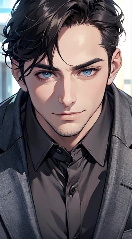 (best quality,4k,8k,highres,masterpiece:1.2),ultra-detailed,(realistic,photorealistic,photo-realistic:1.37),1 man,31 years old,mature man,very handsome,without expression,smile,short grey black hair,blue eyes,penetrating gaze,perfect face without errors,imposing posture,businessman,office background,cinematic lighting,hdr image