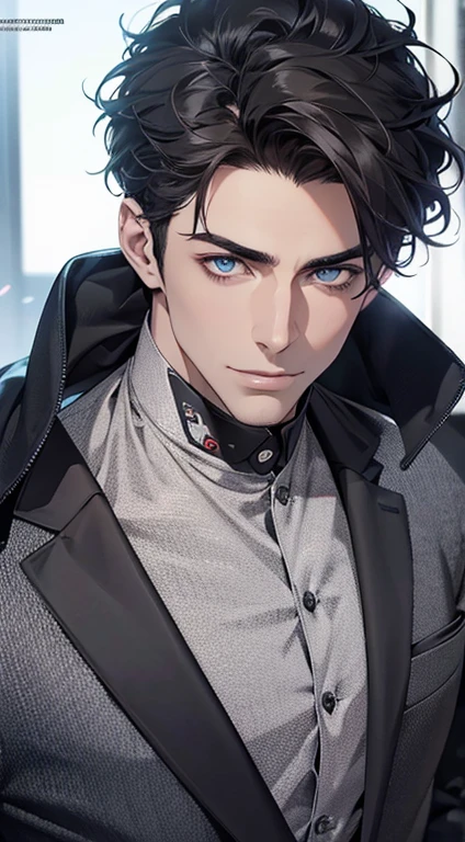 (best quality,4k,8k,highres,masterpiece:1.2),ultra-detailed,(realistic,photorealistic,photo-realistic:1.37),1 man,31 years old,mature man,very handsome,without expression,smile,short grey black hair,blue eyes,penetrating gaze,perfect face without errors,imposing posture,businessman,office background,cinematic lighting,hdr image