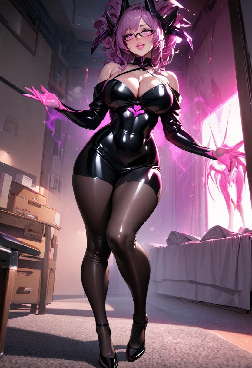 woman,(Highest quality,Extremely detailed depiction,Incredibly absurd high resolution,Anatomically accurate depiction,Two lovely hands, Five perfect fingers,Curvy Legs),(Glowing Skin,Shiny skin,Oilskin),(((A female monster transformed into a tutor))),(Lightweight off-the-shoulder sweater,black tights),eyelash,(Glowing pink eyes,Sidelong glance,There is cleavage in the chest,A seductive smile,Large Breasts,Glossy Lips,Inviting gesture),Sweat,whole body,Glasses,Barely,background:Inside the room