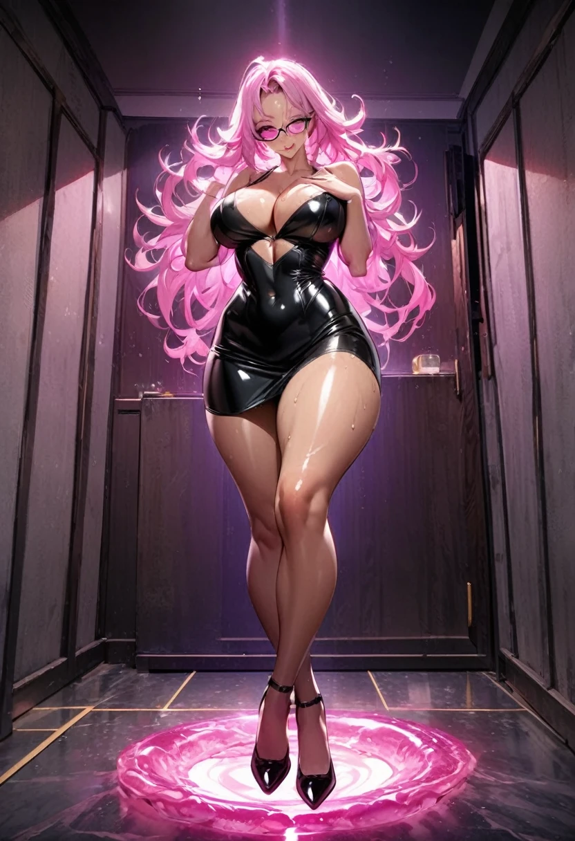woman,(Highest quality,Extremely detailed depiction,Incredibly absurd high resolution,Anatomically accurate depiction,Two lovely hands, Five perfect fingers,Curvy Legs),(Glowing Skin,Shiny skin,Oilskin),(((A female monster transformed into a tutor))),(Lightweight off-the-shoulder sweater,black tights),eyelash,(Glowing pink eyes,Sidelong glance,There is cleavage in the chest,A seductive smile,Large Breasts,Glossy Lips,Inviting gesture),Sweat,whole body,Glasses,Barely,background:Inside the room