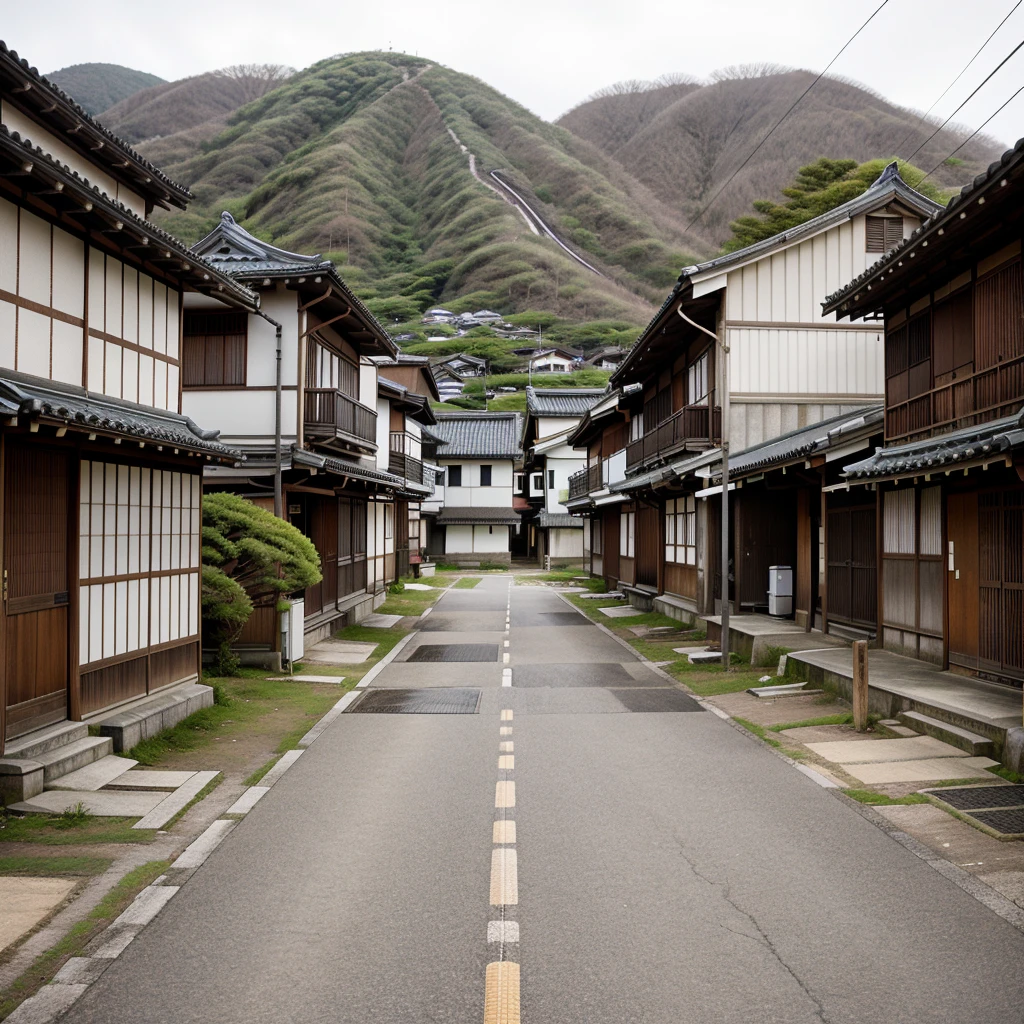 The same Japanese village, now with empty houses and deserted streets, giving a feeling of abandonment.