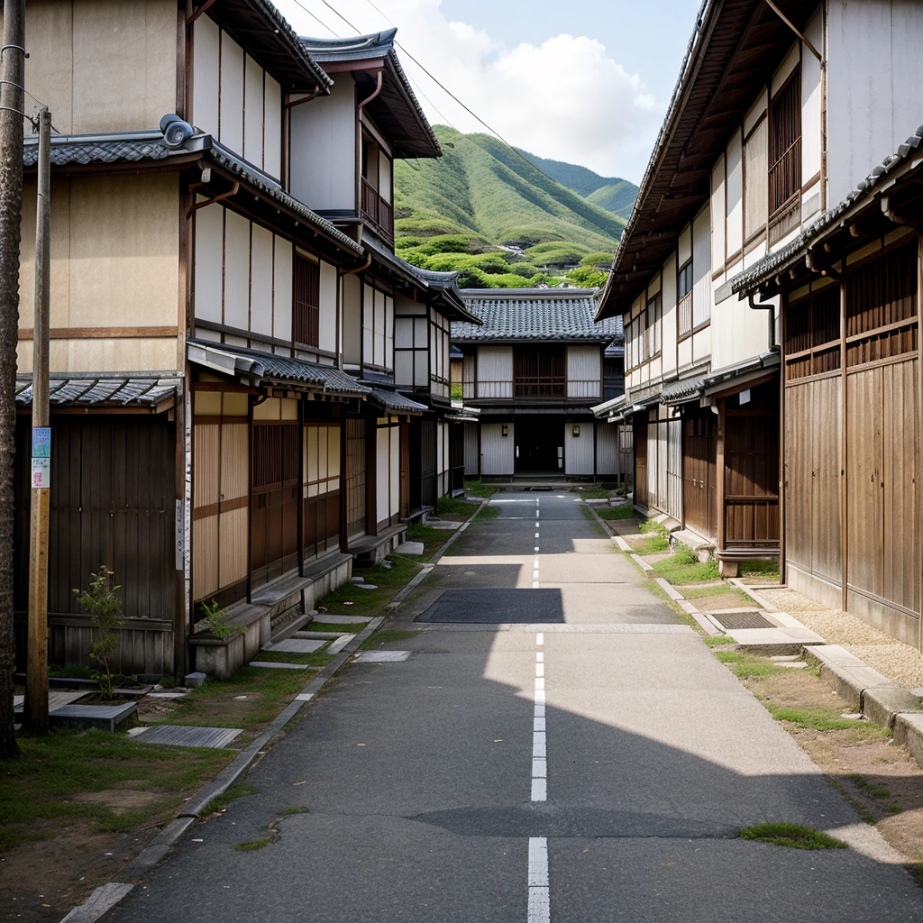 The same Japanese village, now with empty houses and deserted streets, giving a feeling of abandonment.