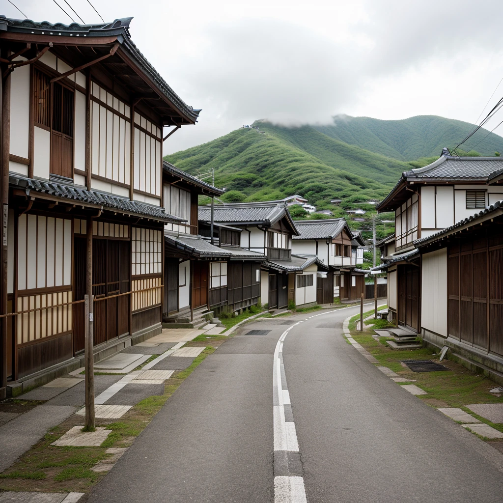 The same Japanese village, now with empty houses and deserted streets, giving a feeling of abandonment.