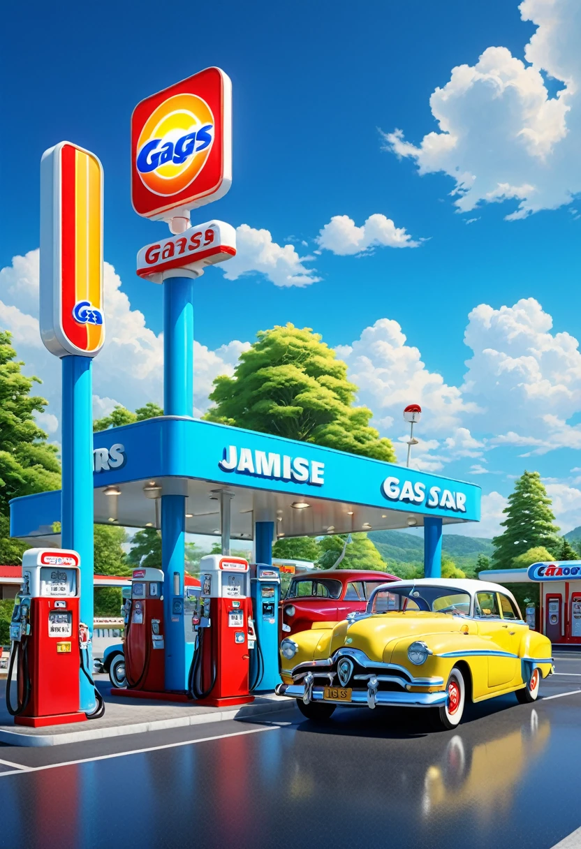 a beautiful summer gas station by watase seizou, bright blue sky and fluffy white clouds, classic cars at the gas station, vibrant colors, detailed gas station attendants, (best quality,4k,8k,highres,masterpiece:1.2),ultra-detailed,(realistic,photorealistic,photo-realistic:1.37),detailed gas pumps,detailed signage,detailed vintage cars,dramatic lighting,atmospheric,cinematic,vivid colors,intricate details,lush greenery,warm summer day