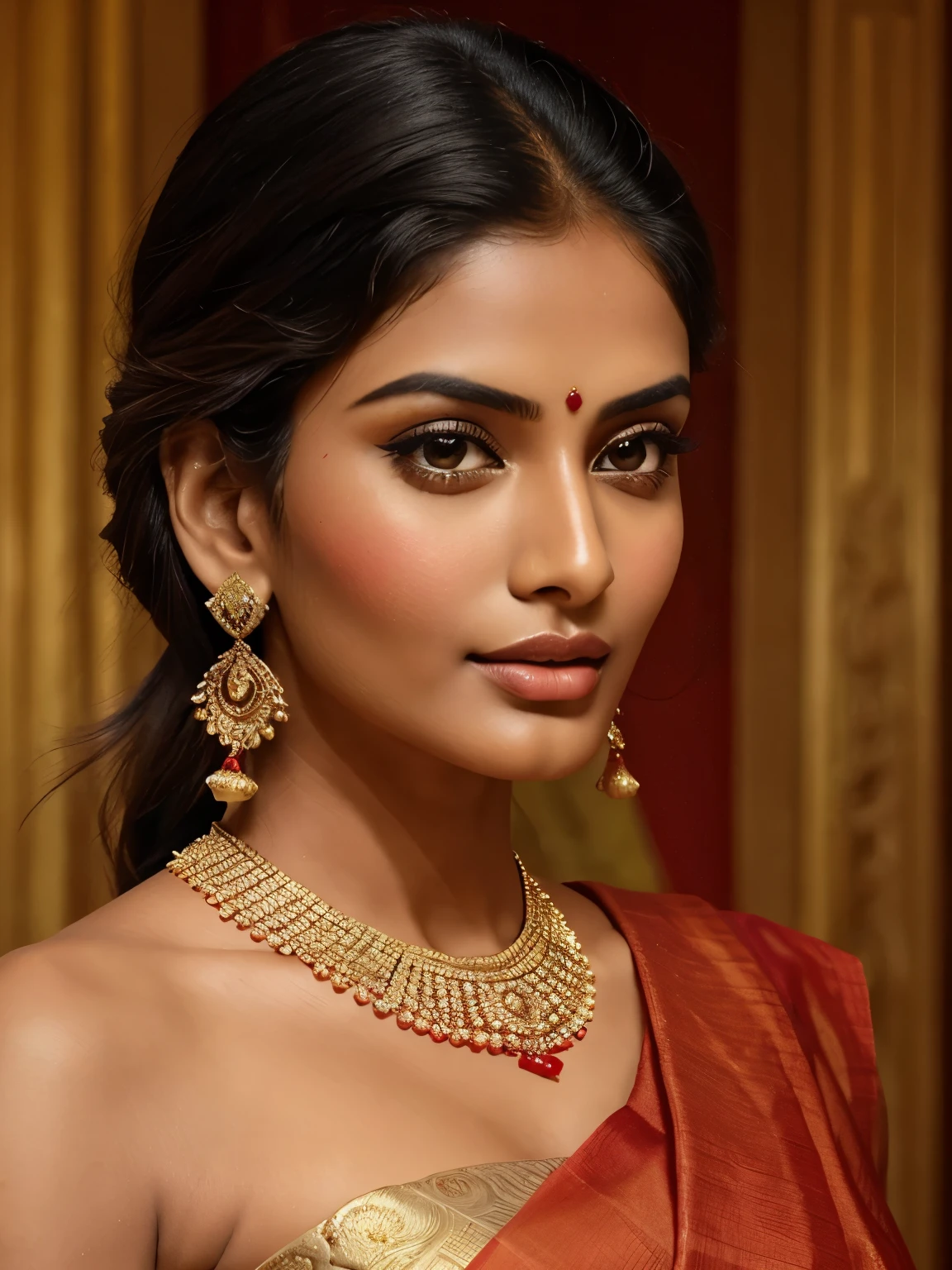 a close up of a woman wearing a red sari and gold earrings, indian super model, jaw-dropping beauty, jaw dropping beauty, very attractive and beautiful, indian goddess, traditional beauty, indian, gorgeous woman, very extremely beautiful, gorgeous beautiful woman, fine details. red, very beautiful woman, attractive and beautiful, dressed in a sari, very very beautiful woman