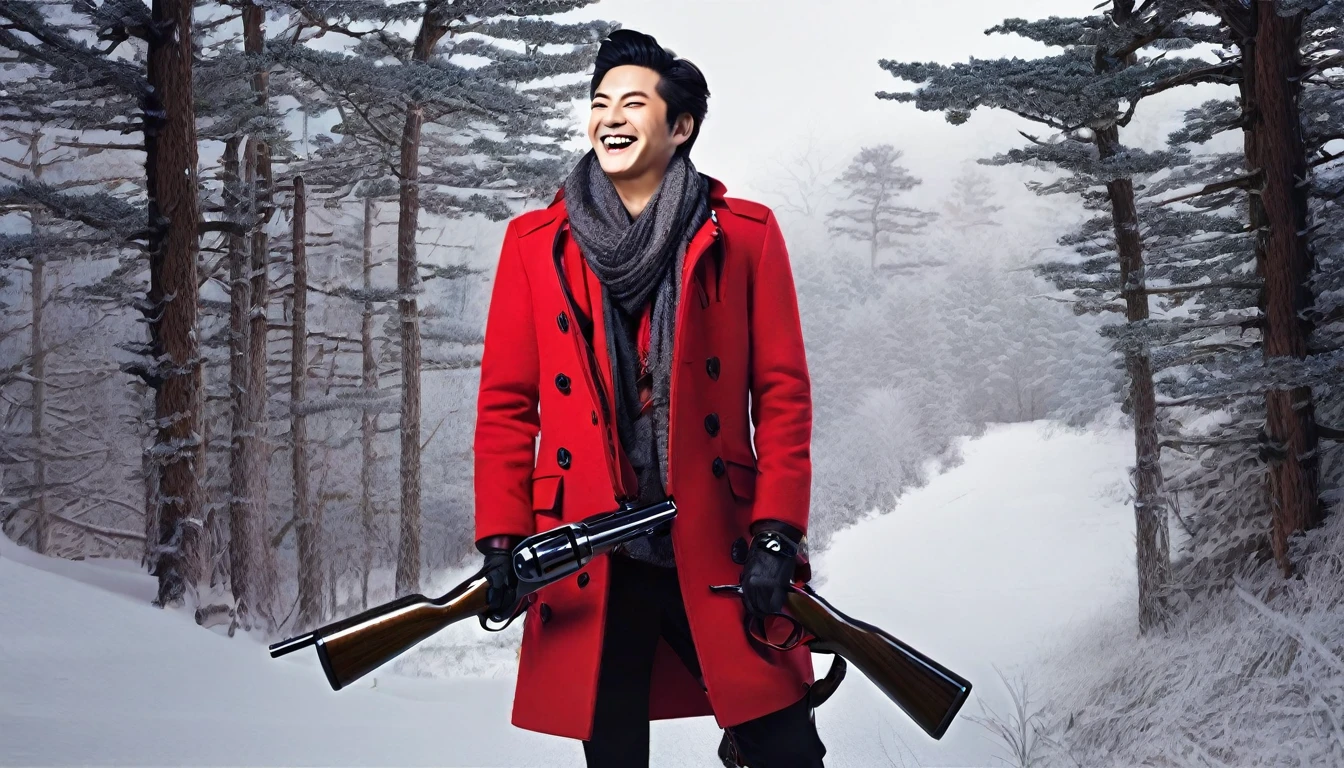 Dressed in a red coat male He has a gun。laughing。wilderness