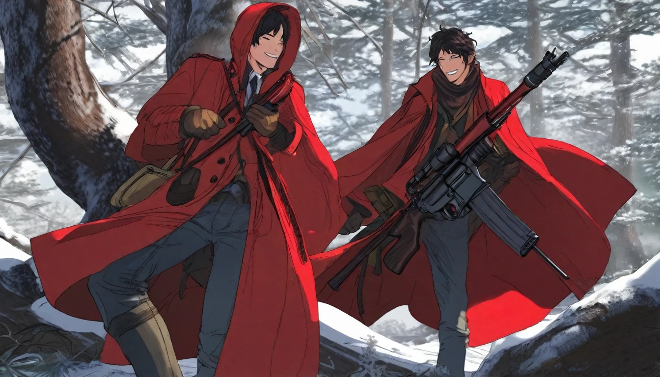 Dressed in a red coat male He has a gun。laughing。wilderness