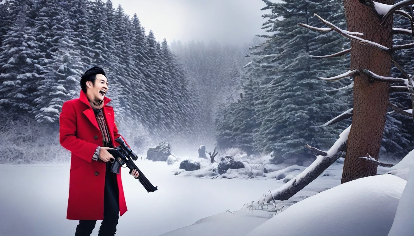 Dressed in a red coat male He has a gun。laughing。wilderness