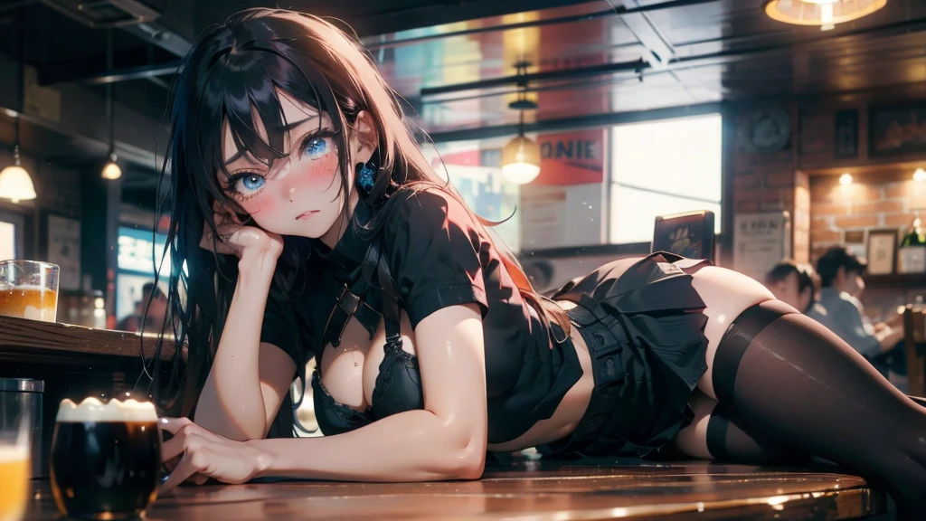 (best quality, 4K, high resolution, masterpiece:1.2, Extremely detailed），Large Breasts,30 years old girl,独奏,black hair,long hair,blue eyes,sad,tears,(drunk,blush),sitting,drinking,((Mature sexy body))，Black stockings，Black tight skirt, Mature sexy body,holding mug,counter,pub,